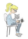 Young blonde girl and her cat sitting with laptpop , netbook