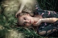 Young blonde girl with long hair lying in the grass.