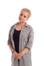 Young blonde girl in striped shirt and black stockings Royalty Free Stock Photo