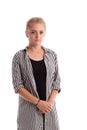 Young blonde girl in striped shirt and black stockings Royalty Free Stock Photo