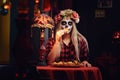 Young blonde girl with undead makeup in flower wreath eating nachos at a mexican restaurant.