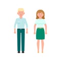 Young blonde hair man in mint pants and medium blonde hair woman in green skirt vector illustration. Front view standing character