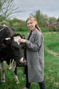 young blonde happy girl in coat hugs the cow in the green field Royalty Free Stock Photo