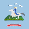 Young blonde lady riding white graceful horse, vector illustration. Royalty Free Stock Photo