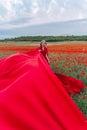 A young blonde looks forward in a red dress and long red stripes of fabric posing on a large field of red poppies Royalty Free Stock Photo