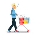 Young blonde man in casual clothes walking with a shopping cart and a whistling a tune cartoon character vector