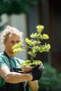 Young blonde man holding bonsai tree while standing at backyard garden Royalty Free Stock Photo