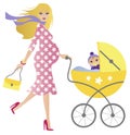 Young blonde pregnant woman with a baby in a pram Royalty Free Stock Photo