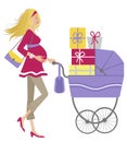 Young blonde pregnant woman with gifts in a pram Royalty Free Stock Photo