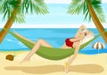 Young blonde relaxing in hammock on beach near blue ocean