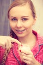 Woman applying moisturizing skin cream. Skincare. Royalty Free Stock Photo