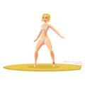 Young blonde woman in bikini surfing. Girl surfer