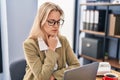 Young blonde woman business worker suffering for throat pain at office Royalty Free Stock Photo