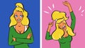 Young blonde woman calm then very happy, vector illustration