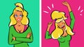 Young blonde woman calm then very happy, vector illustration
