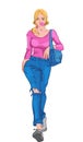 Young blonde woman dressed in blue jeans, pink t-shirt, gray sneakers with a blue handbag blowing out gum bubble