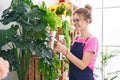 Young blonde woman florist using diffuser working smiling at flower shop Royalty Free Stock Photo