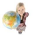 Young blonde woman with globe