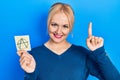 Young blonde woman holding anarchism drawing reminder smiling with an idea or question pointing finger with happy face, number one