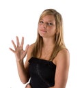 Young blonde woman holding five fingers