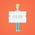 Young blonde woman holds poster. Simple outline design.