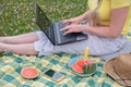 blonde woman with a laptop lies on a blanket in the green grass on a sunny day Royalty Free Stock Photo