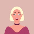 Young blonde woman scared. Frightened. Fear. Human emotions. Female. Avatar. Flat Royalty Free Stock Photo