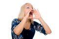 Young blonde woman shout and scream using her hands as tube Royalty Free Stock Photo