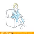 Young blonde woman sitting in a chair. Editable vector graphic in linear style