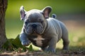 A young, blue French bulldog playing in the yard