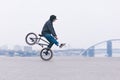 BMX bicycle rider rides on the front wheel against the background of the minimalistic urban landscape.BMX concept Royalty Free Stock Photo