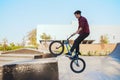 Young bmx biker doing trick, training in skatepark Royalty Free Stock Photo