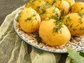 Young boiled potatoes, organic cooked dill background, vegetarian garlic natural