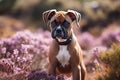 Young Boxer dog sitting in purple heather flower field