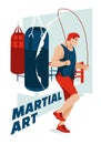 A young boxer jumps on a rope against the background of a boxing ring. Sports competitions, hobbies and training. Vector flat