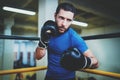 Young boxer man fighter in boxing gloves.Boxing man ready to fight. Boxing, workout, muscle, strength, power - the Royalty Free Stock Photo