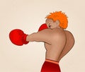 Young boxer in red shorts trained on light background, vector with noise and texture, marble textured background.