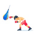 A young boxer trains hard on a punching bag in the gym, the kid is engaged in a new hobby. Cartoon flat vector