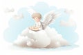 Young boy with angel wings sitting on a cloud in a blue sky Royalty Free Stock Photo