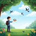 A young boy with a backpack feeds birds in a lush park setting. He extends a hand holding seeds Royalty Free Stock Photo
