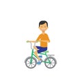 Young boy on bicycle over white background. cartoon character. full length, flat style Royalty Free Stock Photo