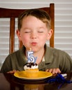 Young boy blowing out birthday candle Royalty Free Stock Photo