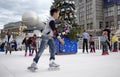 Young boy in blurry motion and children skate