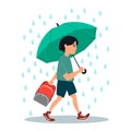 Young boy character goes from school under a rain.Vector illustration on white background in cartoon style