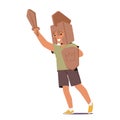Young Boy Character Proudly Dons A Homemade Cardboard Knight Costume, Shield and Sword, Vector Illustration