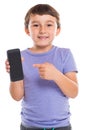 Young boy child pointing at smartphone smart cell phone cellphone marketing ad advertising isolated on white Royalty Free Stock Photo