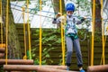 Young boy climbing pass obstacles in rope. Child in forest adventure park