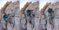 Young boy climbing a via ferrata in the Italian Dolomites.