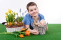 Young boy with colorful rabbit and spring flower Royalty Free Stock Photo