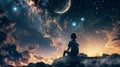 Young boy contemplating universe on moonlit night